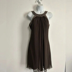 JS‎ BOUTIQUE Dress Women’s 10 HalterJeweled Neckline Built In Bra Brown Formal